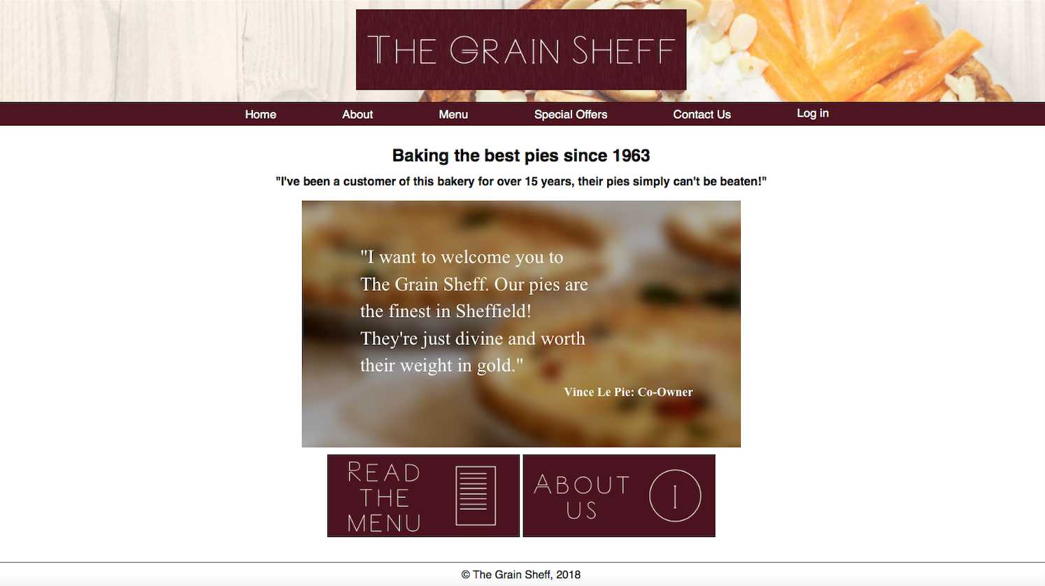 Pie project website 'The Grain Sheff' with navigation menu, testimonial and images of pies.