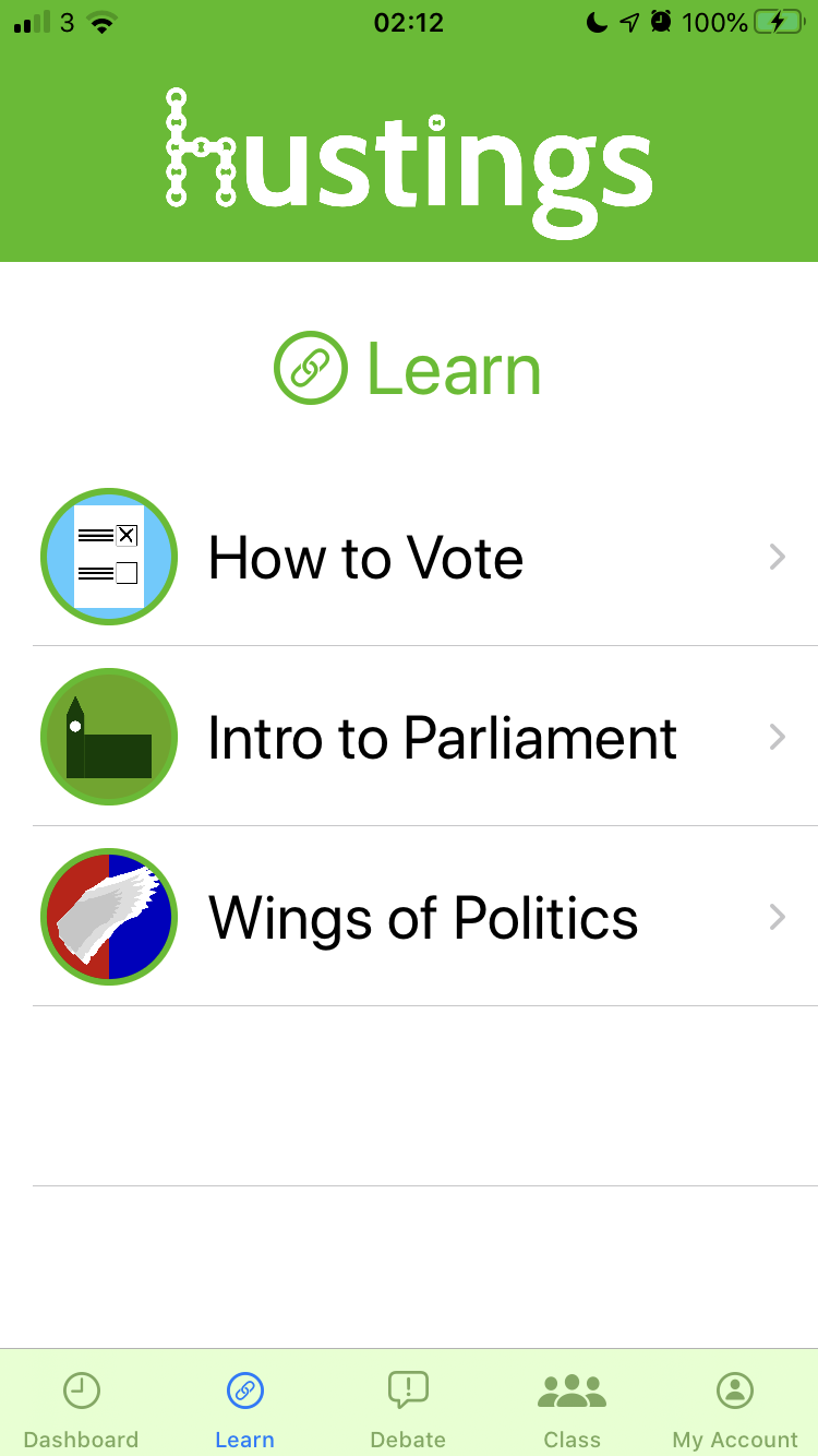 Learn menu where students can view a list of topics.