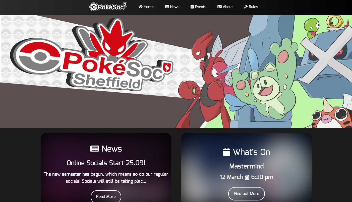 Pokémon Society Sheffield website, with a banner showing different Pokémon as well as news and what's new.